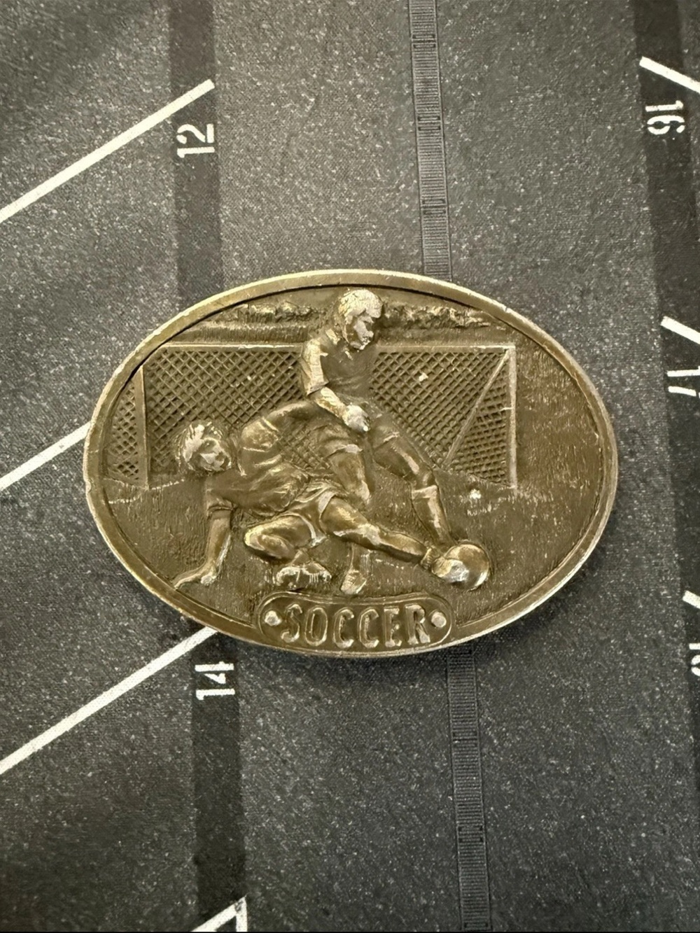 Vintage 1977 Men's Soccer Oval Belt Buckle in Bronze Tone